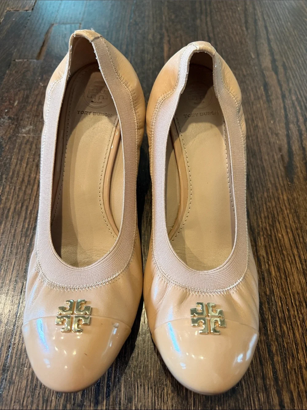 Tory Burch Nude Patent Leather Wedge Pumps